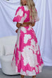 V Neck Puff Sleeves Cut Out Waist Floral Maxi Dress