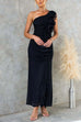 Mixiedress One Shoulder Slit Ruched Ruffle Mesh Maxi Dress
