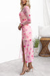 Long Sleeves Drawstring Slit Rose Print Midi Dress