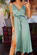 Mixiedress Wrap V Neck Knot Waist High Slit Satin Cami Dress