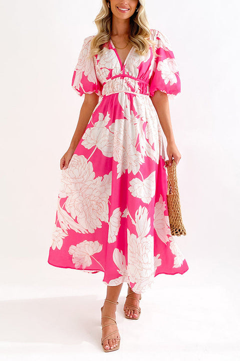 Mixiedress V Neck Puff Sleeves Waisted Floral Midi Dress