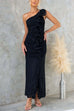 Mixiedress One Shoulder Slit Ruched Ruffle Mesh Maxi Dress