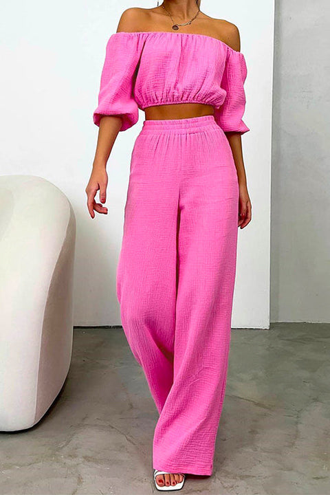 Mixiedress Off Shoulder Half Sleeves Crop Top Wide Leg Pants Set