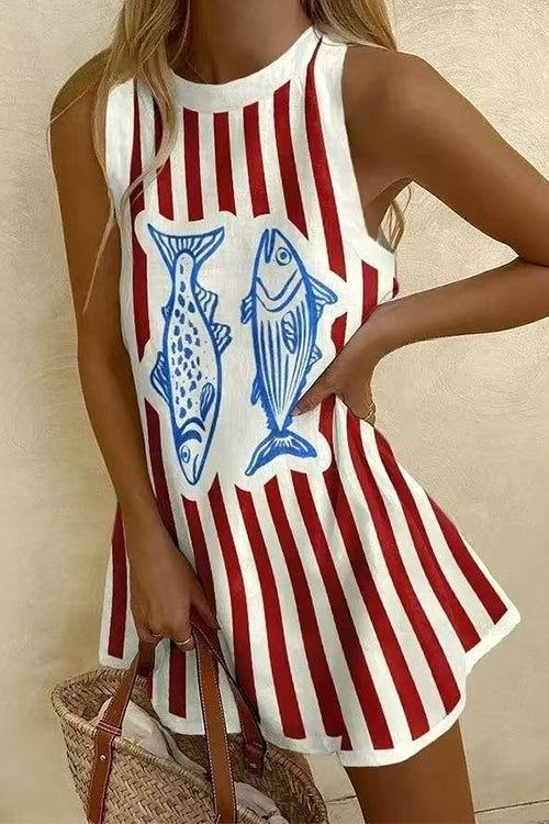 Mixiedress Crewneck Sleeveless Fish Print Striped Mini Dress