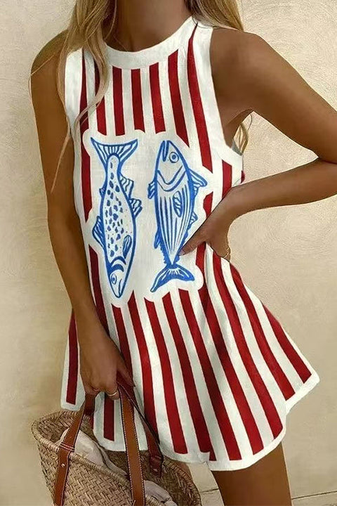 Mixiedress Crewneck Sleeveless Fish Print Striped Mini Dress