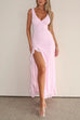 Mixiedress V Neck Sleeveless Ruffle Trim Slit Maxi Dress