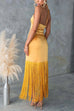 Mixiedress Halter Neck Patchwork Fringe Hem Satin Maxi Dress