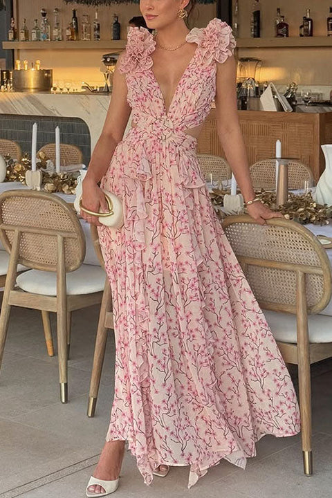Mixiedress Deep V Neck Sleeveless Cut Out Floral Print Ruffle Maxi Dress