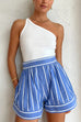 Mixiedress Striped Long Sleeves Curve Hem Shirt and High Rise Shorts Set