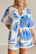 Mixiedress V Neck Short Sleeves Shirt and Drawstring Waist Shorts Seashell Print Set