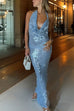 Mixiedress Halter Cowl Neck Open Back Sequin Maxi Party Dress