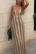 Mixiedress Halter V Neck Backless Color Block Crochet Maxi Dress