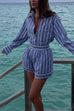 Mixiedress Striped Long Sleeves Curve Hem Shirt and High Rise Shorts Set