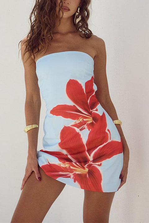 Mixiedress Strapless Tube Pocketed Lily Print Mini Dress