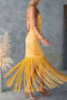 Mixiedress Halter Neck Patchwork Fringe Hem Satin Maxi Dress