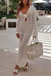 Mixiedress V Neck Long Sleeves Backless Crochet Hollow Out Knit Maxi Dress