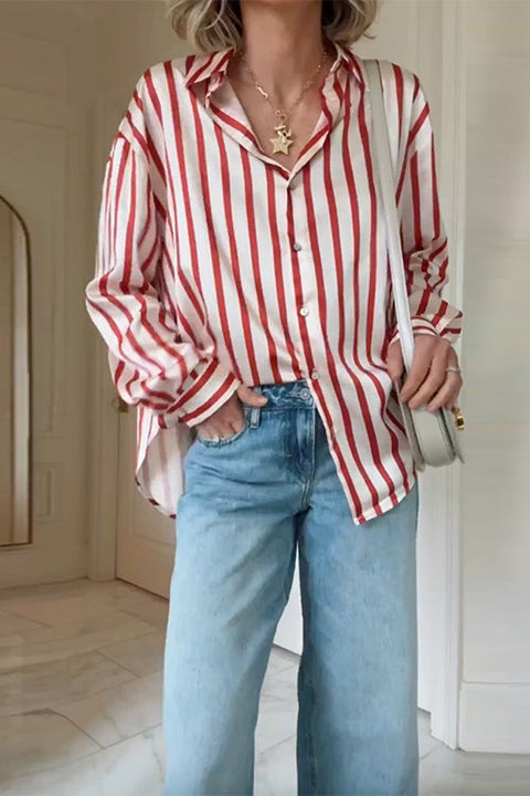 Mixiedress Long Sleeves Button Down Striped Blouse Shirt