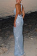 Mixiedress Halter Cowl Neck Open Back Sequin Maxi Party Dress