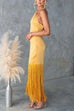 Mixiedress Halter Neck Patchwork Fringe Hem Satin Maxi Dress