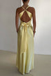 Mixiedress V Neck Back Tie Bow Cut Out Satin Maxi Dress