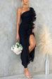 Mixiedress One Shoulder Slit Ruffle Mesh Maxi Dress