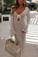 Mixiedress V Neck Long Sleeves Backless Crochet Hollow Out Knit Maxi Dress