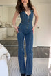 Mixiedress Zip Up Sleeveless Heart Back Bell Bottom Denim Jumpsuit
