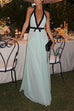 Mixiedress Deep V Neck Halter Backless Color Block Bow Maxi Dress