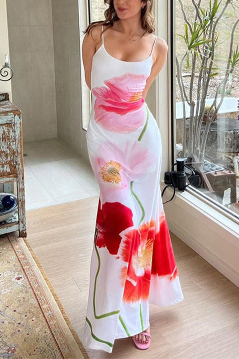 Mixiedress Spaghetti Strap Backless Floral Print Maxi Vacation Dress