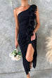 Mixiedress One Shoulder Slit Ruched Ruffle Mesh Maxi Dress