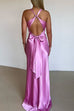 Mixiedress V Neck Back Tie Bow Cut Out Satin Maxi Dress