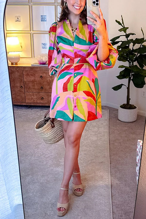 V Neck Puff Sleeves Button Down Printed Mini Dress
