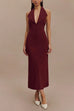 Mixiedress Halter V Neck Backless Buttons Bodycon Midi Dress
