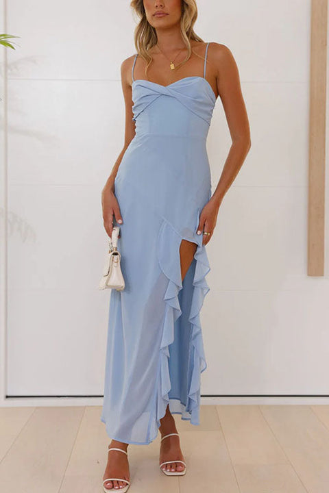 Mixiedress Spaghetti Strap Ruffle Slit Maxi Chiffon Dress