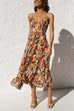 V Neck Tie Waist Abstract Print Midi Cami Dress