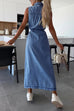 Mixiedress Sleeveless Button Down Tie Waist Pocketed Denim Midi Dress