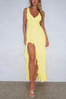 Mixiedress V Neck Sleeveless Ruffle Trim Slit Maxi Dress