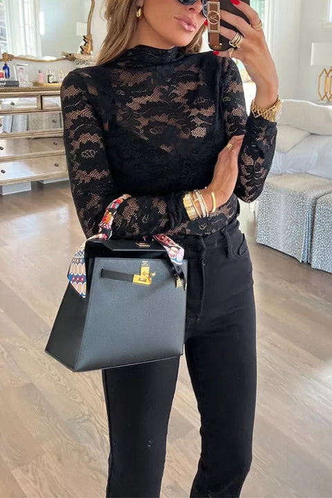 Mixiedress Mockneck Long Sleeves Floral Lace Top