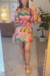 V Neck Puff Sleeves Button Down Printed Mini Dress
