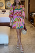 V Neck Puff Sleeves Button Down Printed Mini Dress