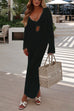 Mixiedress V Neck Long Sleeves Backless Crochet Hollow Out Knit Maxi Dress