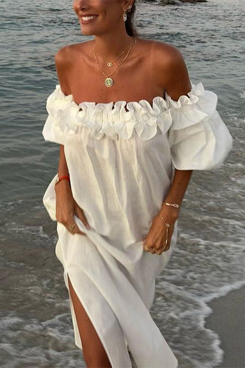 Mixiedress Off Shoulder Ruffle Trim Slit Cotton Linen Maxi Vacation Dress