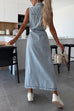 Mixiedress Sleeveless Button Down Tie Waist Pocketed Denim Midi Dress