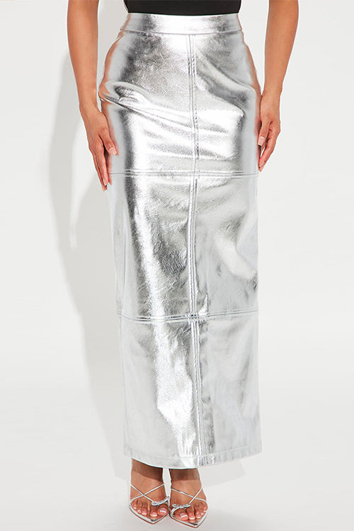 Mixiedress High Waist Back Slit Splice Faux Leather Maxi Skirt