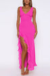 Mixiedress V Neck Sleeveless Ruffle Trim Slit Maxi Dress