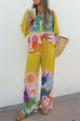 Mixiedress Unique Print 3/4 Sleeves Button Down Shirt Wide Leg Pants Holiday Set