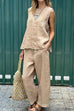 Mixiedress Casual Sleeveless Pullover Top Wide Leg Pants Cotton Linen Set