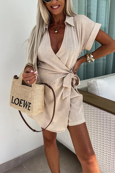 Mixiedress Wrap V Neck Tie Knot Shorts Romper