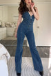 Mixiedress Zip Up Sleeveless Heart Back Bell Bottom Denim Jumpsuit