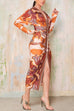 Mixiedress V Neck Long Sleeves Ruched Slit Printed Midi Dress